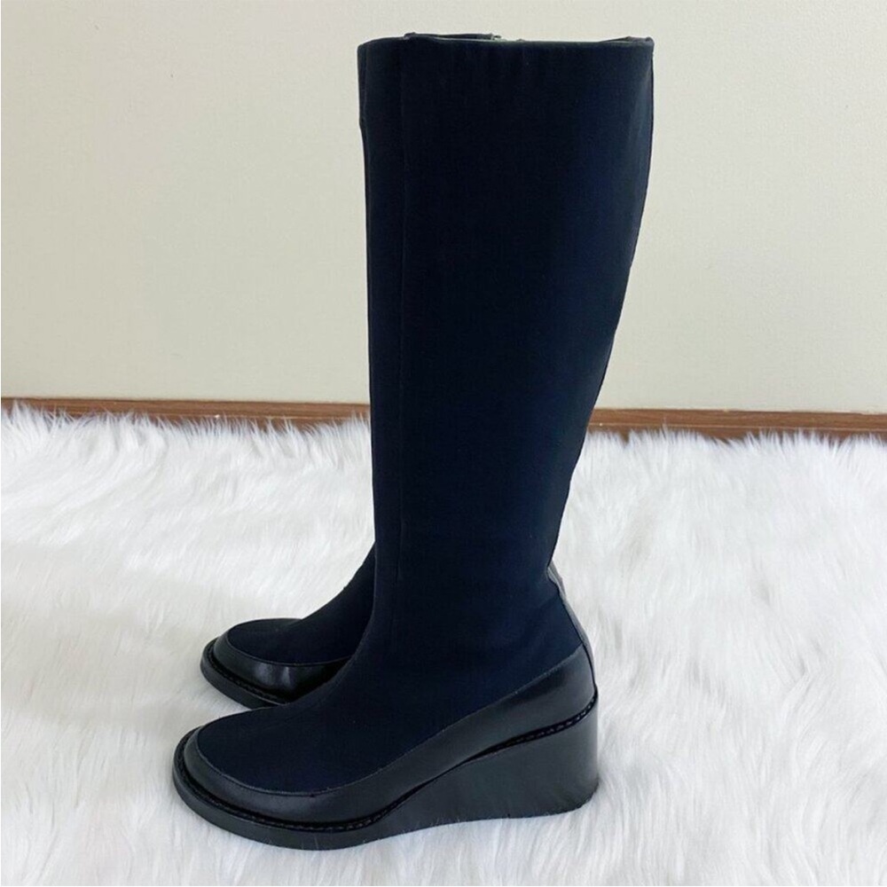 Vintage Y2K Donald Pliner Black Neoprene and Leather Mid Calf Wedge Boots Sz 5.5